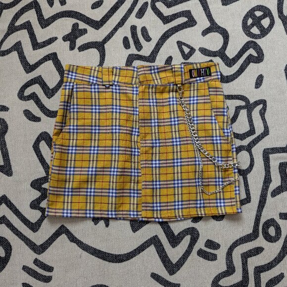 OMighty Clueless Yellow Plaid Mini Skirt Medium with Chain - Picture 5 of 9